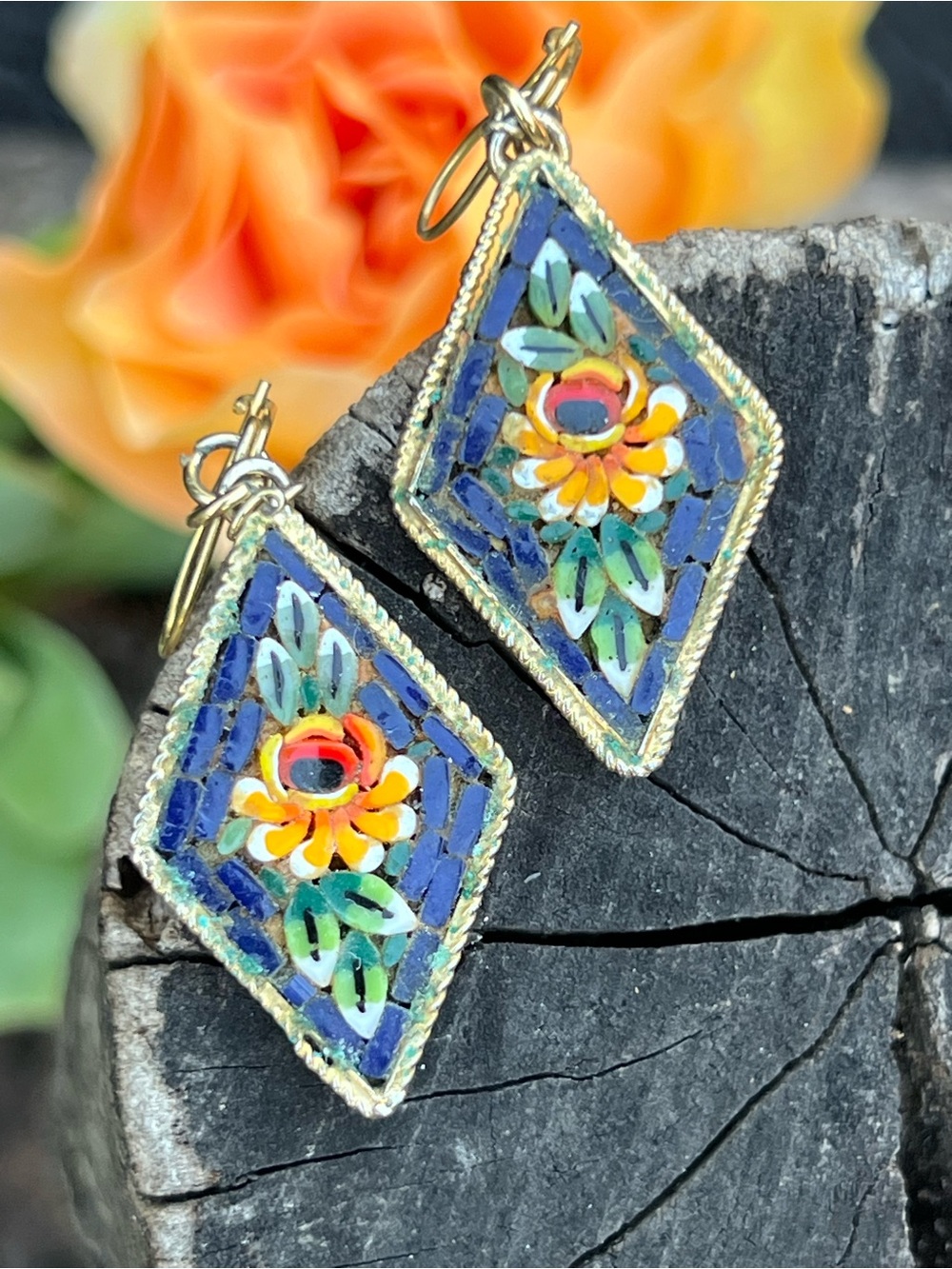 Vintage Micro Mosaic Floral Diamond Dangle Earrings - Picture 3 of 4